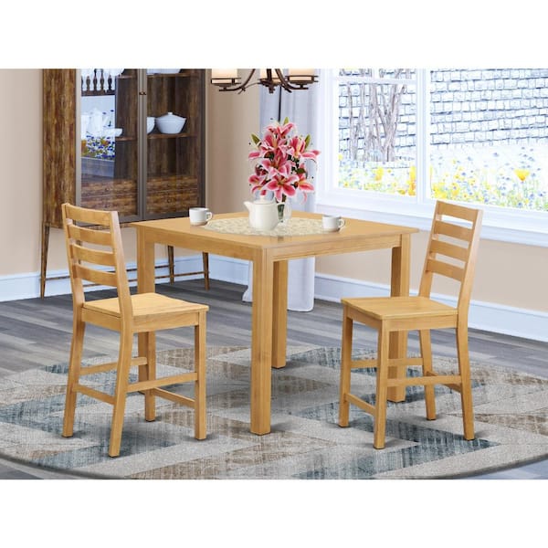 East West Furniture 3-Piece Natural Brown Oak Finish Solid Wood Top Counter Height Dining Table Set