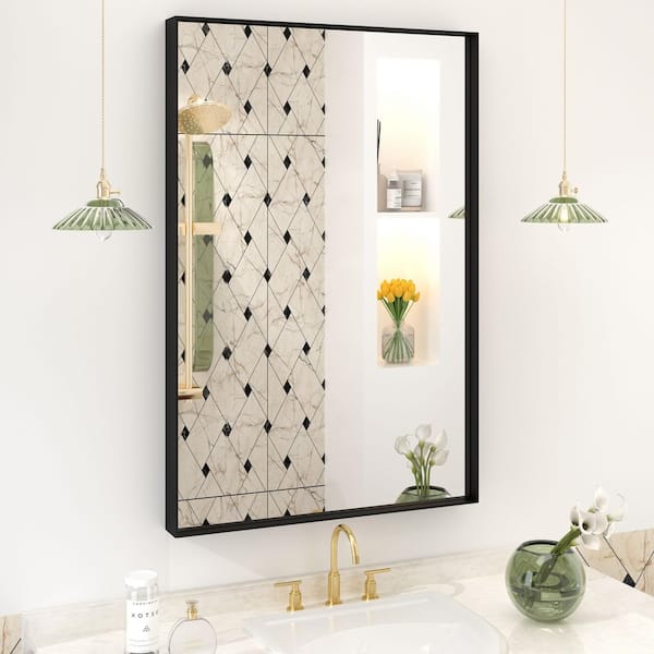 24 in. W x 36 in. H Rectangular Aluminum Alloy Framed and Tempered Glass Wall Bathroom Vanity Mirror in Matte Black