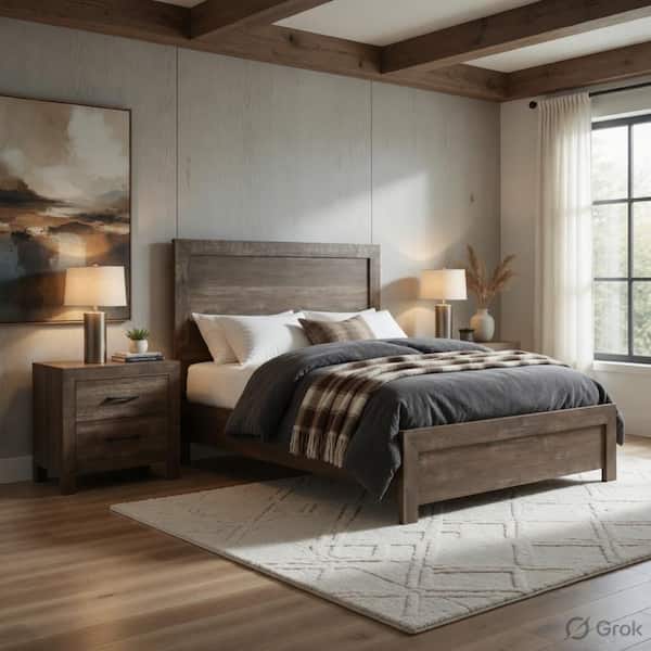 3-Piece Brown Wood King Size Bedroom Set with Bed and Two Nightstands
