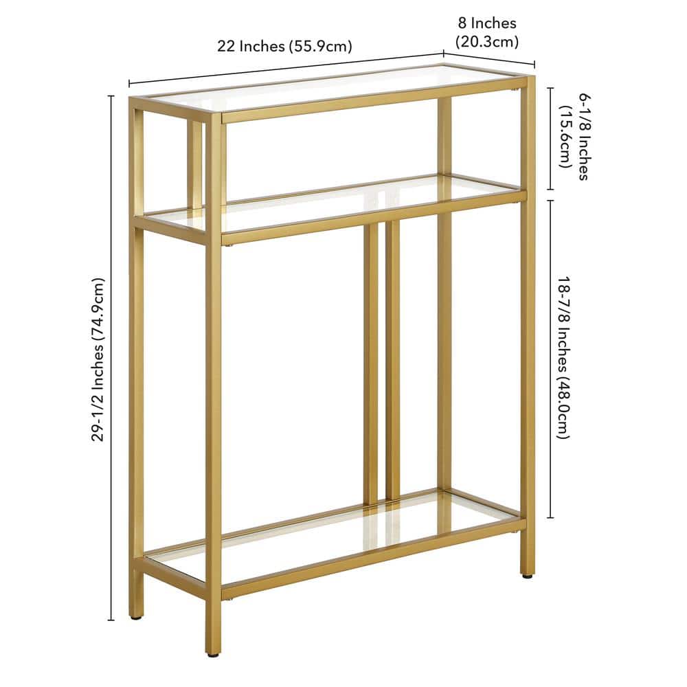 Compact Gold Industrial Console Table with Tempered Glass Shelves