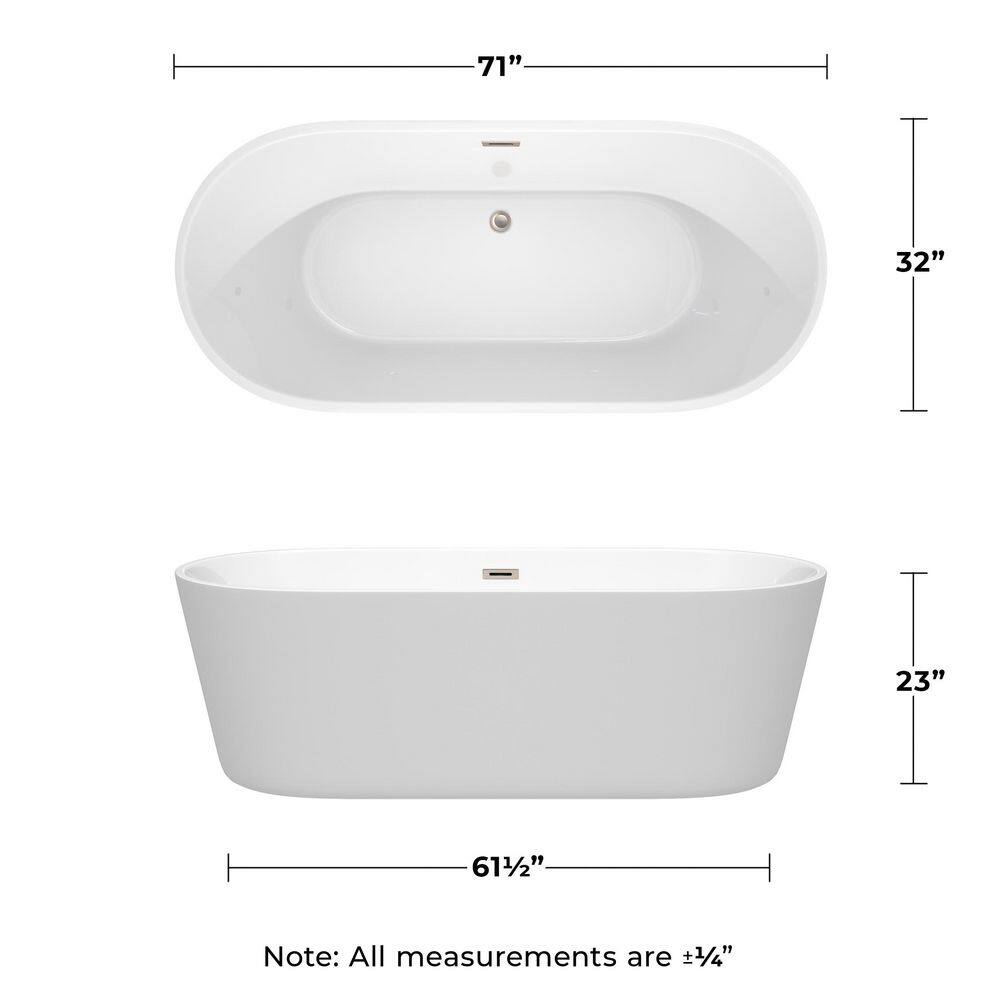 Carissa 71'' White Freestanding Acrylic Bathtub with Brushed Nickel Trim