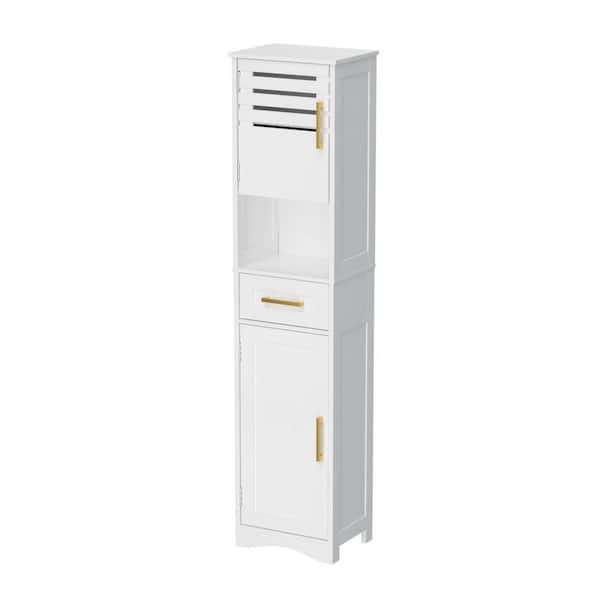 15 in. W x 11.4 in. D x 67 in. H White MDF Freestanding Linen Cabinet with 2-Doors, 1 Drawer and 5 Adjustable Shelf