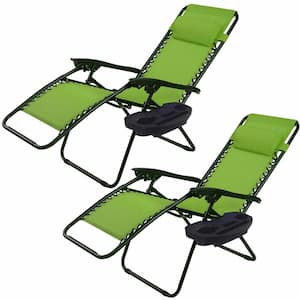 Black Folding Zero Gravity Chairs Metal Outdoor Lounge Chair in Green Seat with Headrest (2-Pack)