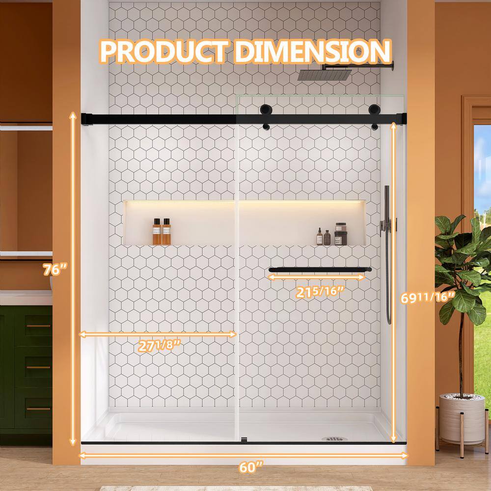60-Inch Matte Black Frameless Sliding Shower Door with Clear Glass