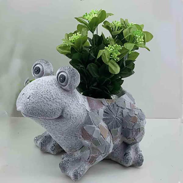 Unbranded 10 in Grey Mosaic Polyresin Frog Planter