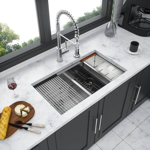 30 in. Undermount 50/50 Double Bowl 16-Gauge Brushed Nickel Stainless Steel Kitchen Sink with Bottom Grids, Drain Board