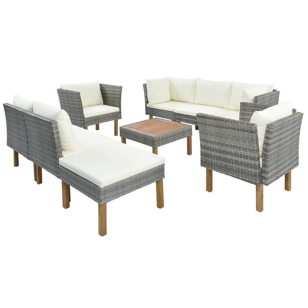 9-Piece Wicker Patio Outdoor Sectional Set with Beige Cushions