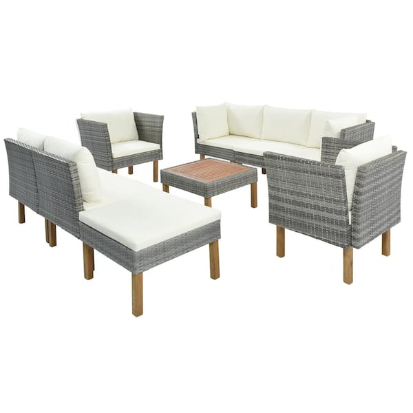 Unbranded 9-Piece Wicker Patio Outdoor Sectional Set with Beige Cushions