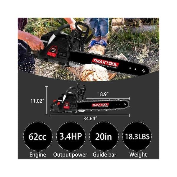 Huluwat Black 62cc Powerful 20 in. Gas Chainsaw with 2 Stroke for