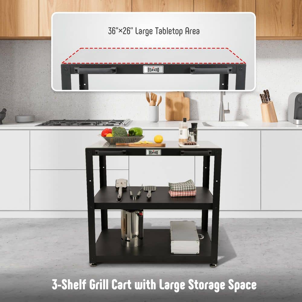 Feasto 3-Shelf Black and Stainless Steel Outdoor Kitchen Cart