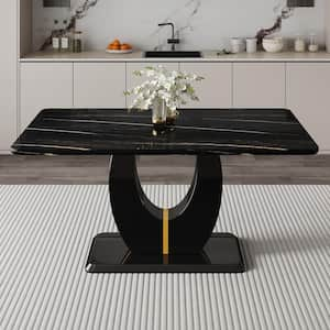 Modern Rectangle Black Faux Marble Pedestal Dining Table Seats for 6 (63.00 in. L x 30.30 in. H)