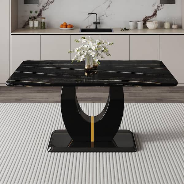 Polibi Modern Rectangle Black Faux Marble Pedestal Dining Table Seats for 6 (63.00 in. L x 30.30 in. H)