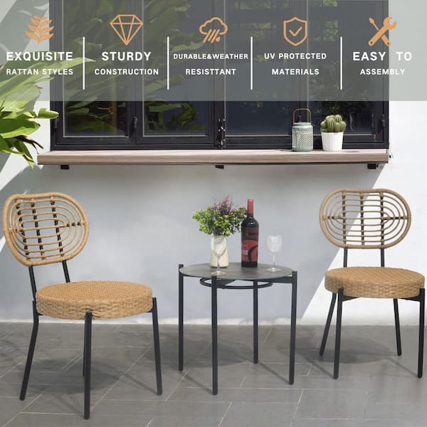 Miscool Avex Black 3-Piece Metal Round Table and 2 Wicker Chairs Outdoor Bistro Set