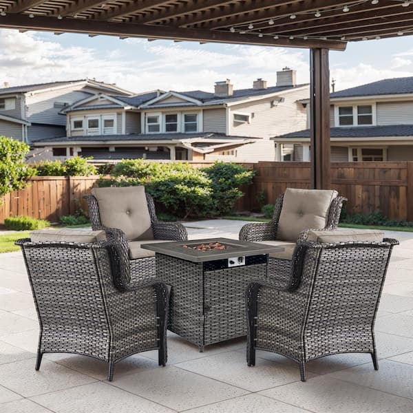 Gray 5-Piece Wicker Patio Fire Pit Set, Outdoor 4-Person Seating Set with Olefin Gray Cushions and Armchairs