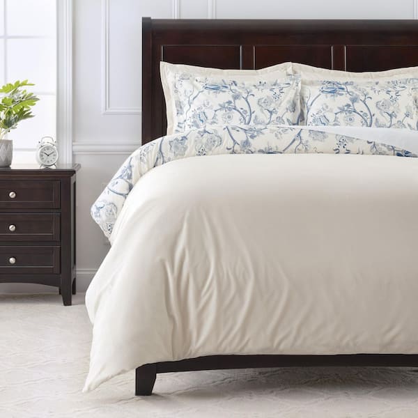Chanasya 5-Piece Blue Cream Toile Peony Floral Botanical Print Reversible Microfiber Duvet Cover Set, King