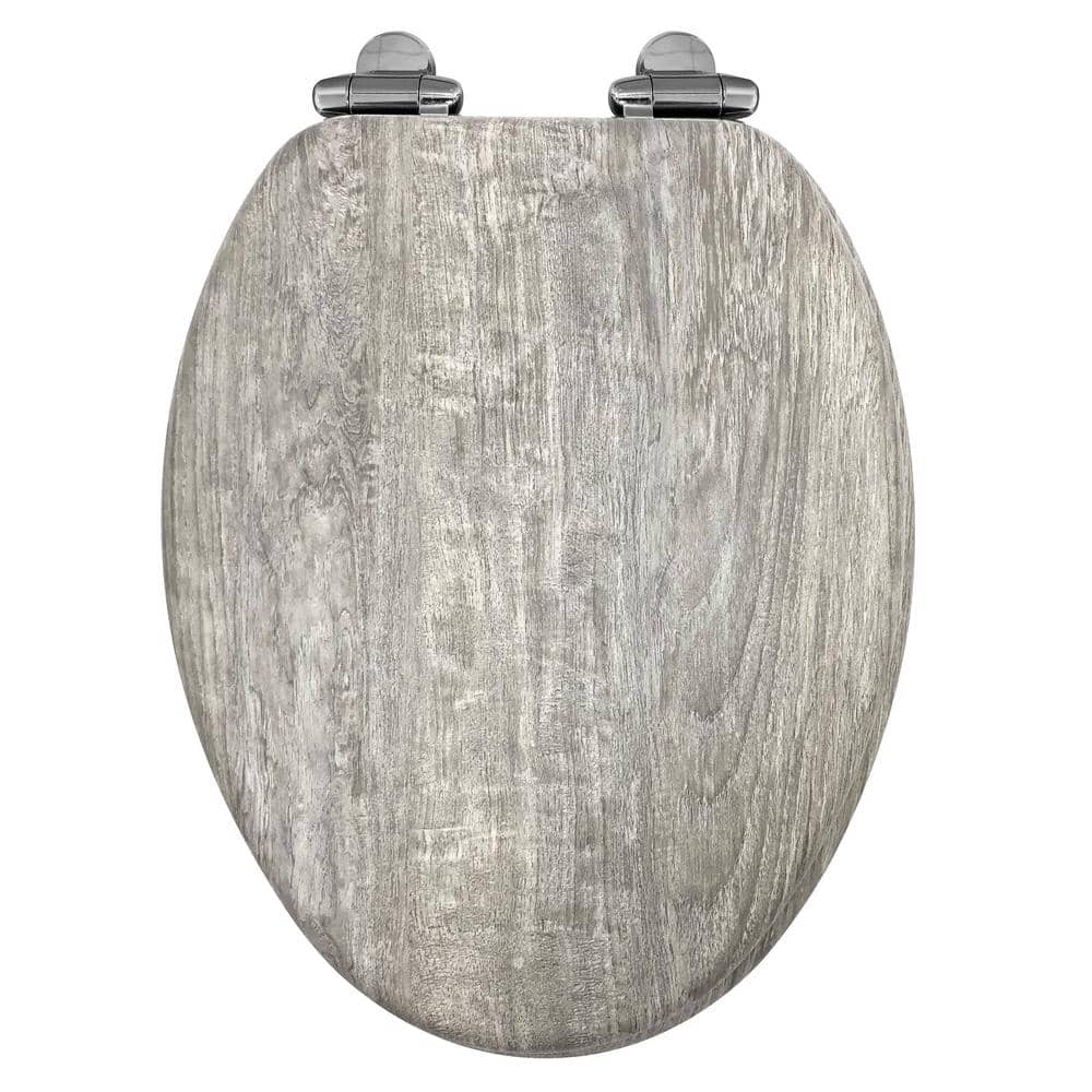 Elongated Gray Distressed Wood Veneer Toilet Seat with Chrome Hinges