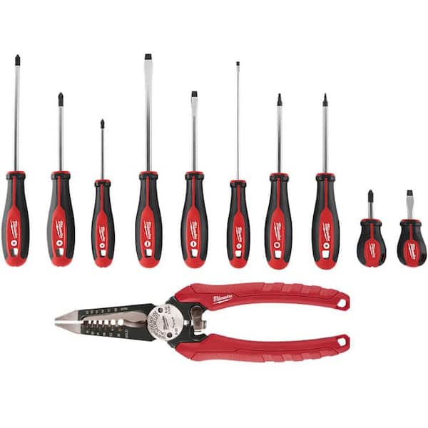 Milwaukee Screwdriver Set with 7.75 in. Combination Electricians 6-in-1 Wire Strippers Pliers (11-Piece)