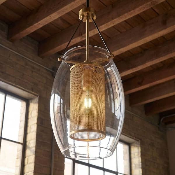 Dunbar 12 in. W x 28.5 in. H 1-Light Bronze with Warm Brass Accents Shaded Pendant Light with Clear Glass Shade
