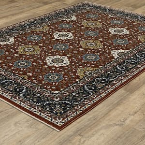 Victoria Red/Navy 4 ft. x 6 ft. Oriental Panel Medallion Polyester Fringed-Edge Indoor Area Rug