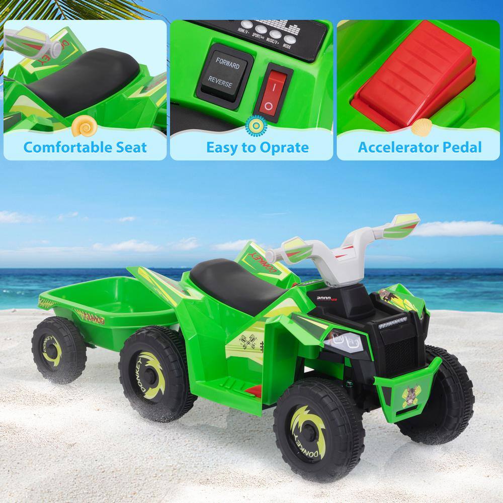 Green 6V Kids Electric Quad ATV with Trailer