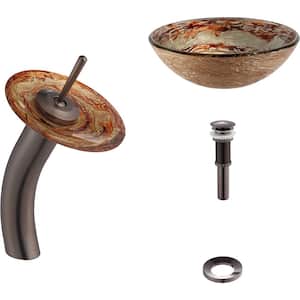 Ares Glass Vessel Sink in Gold with Single Hole Single-Handle Low-Arc Waterfall Faucet in Oil Rubbed Bronze