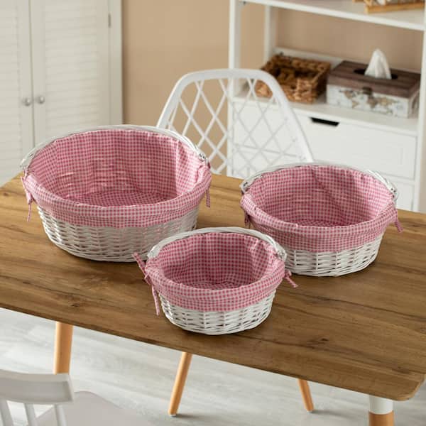 Wickerwise Traditional White Round Willow Gift Basket with Pink and White Gingham Liner and Sturdy Foldable Handles, Food Snacks Storage Basket, Small