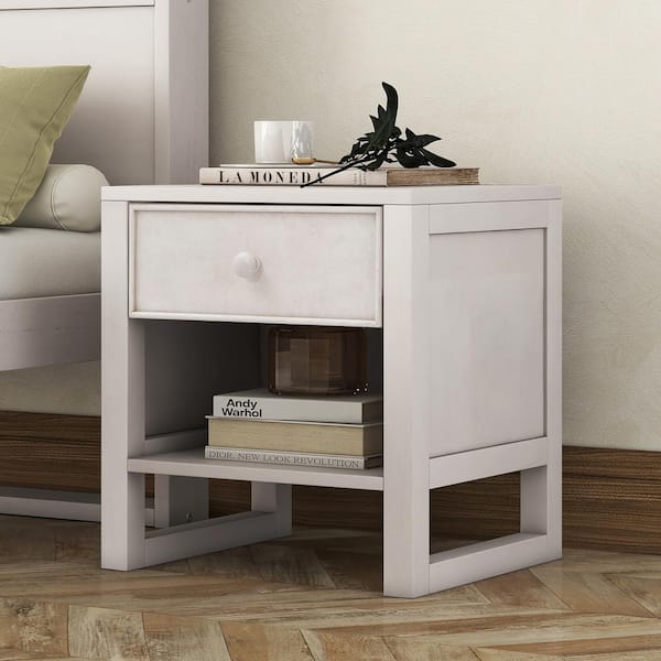 Harper & Bright Designs 1-Drawer Anitque White Wooden Nightstand with Open Storage (20.5 in. H x 20 in. W x 17 in. D)