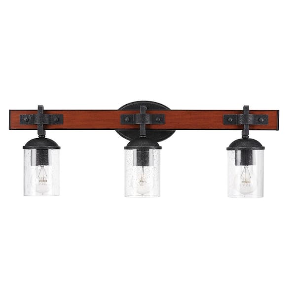 Globe Electric in. 3-Light Dark Wood Vanity Light with Galvanized Metal Accents and Clear Seeded Glass Shades 51854 - The Home Depot