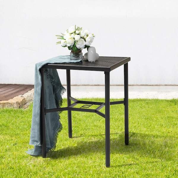 Nuu Garden Black Square Metal Bar Height Outdoor Dining Table with 1.57 in. Umbrella Hole and 28 in. Mesh Tabletop