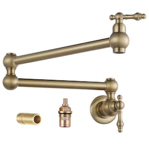 Wall Mounted Pot Filler with 2-Handles Double Joint Swing Arm in Gold