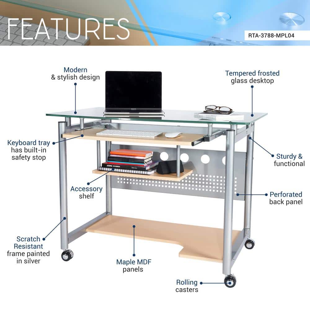 Frosted Glass and Silver Steel Rolling Computer Desk with Keyboard Tray
