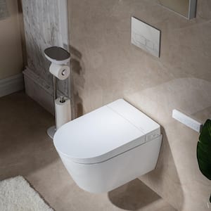 Wall Hung 1-Piece 1.28 GPF Dual Flush Elongated Smart Toilet in White with Concealed Tank Flush Plates Seat Included