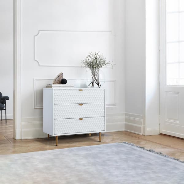 White Honeycomb pattern 3-Drawers Storage Accent Chest with Golden Stands and Adjustable feet
