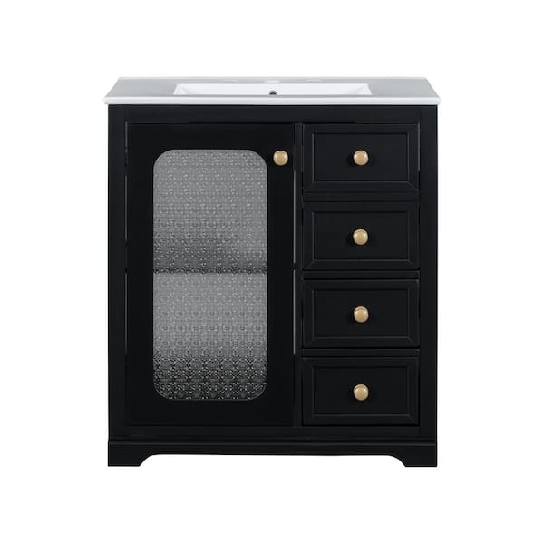 Noble House Seranor 30 in. Black Modern Bathroom Vanity with White Ceramic Top, Shelves, Drawers, Wood