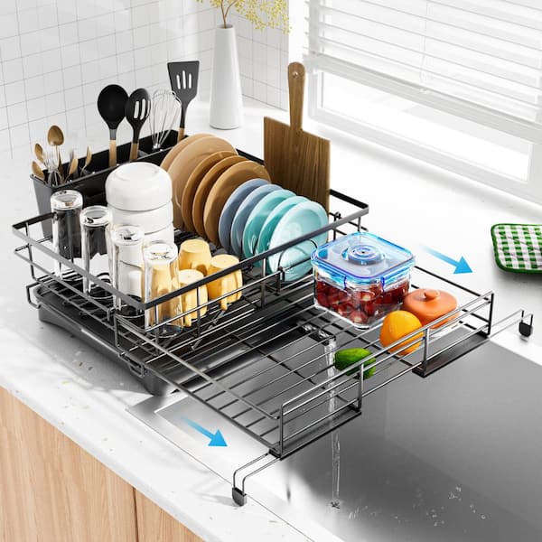 Wudkey Black Carbon Steel Dish Rack with Drying, Expandable, Rust