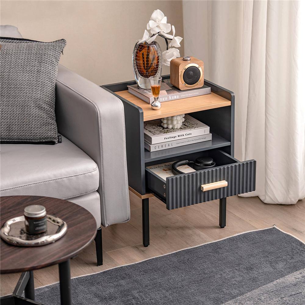 Grey 1-Drawer 16 in. W Nightstand End Sofa Table with Open Shelf for Living Room Bedroom