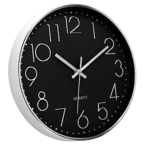 12 in. Silver  and  Black Analog Plastic Battery Operated Silent Non-Ticking Wall Clock