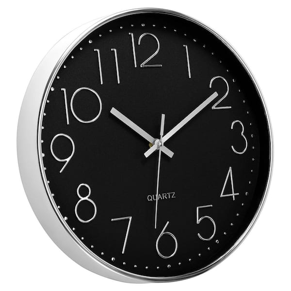 Afoxsos 12 in. Silver  and  Black Analog Plastic Battery Operated Silent Non-Ticking Wall Clock