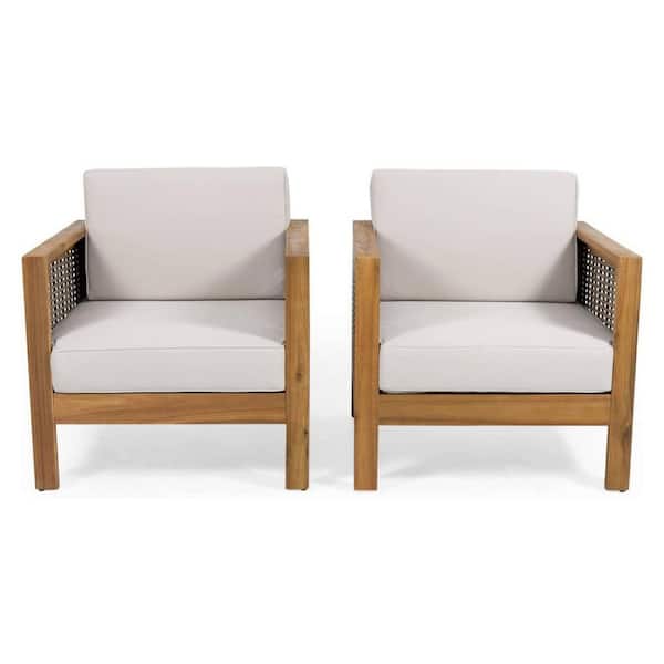 Brown Wood Outdoor Lounge Chair Club Chairs with Beige Cushions (2-Pack)