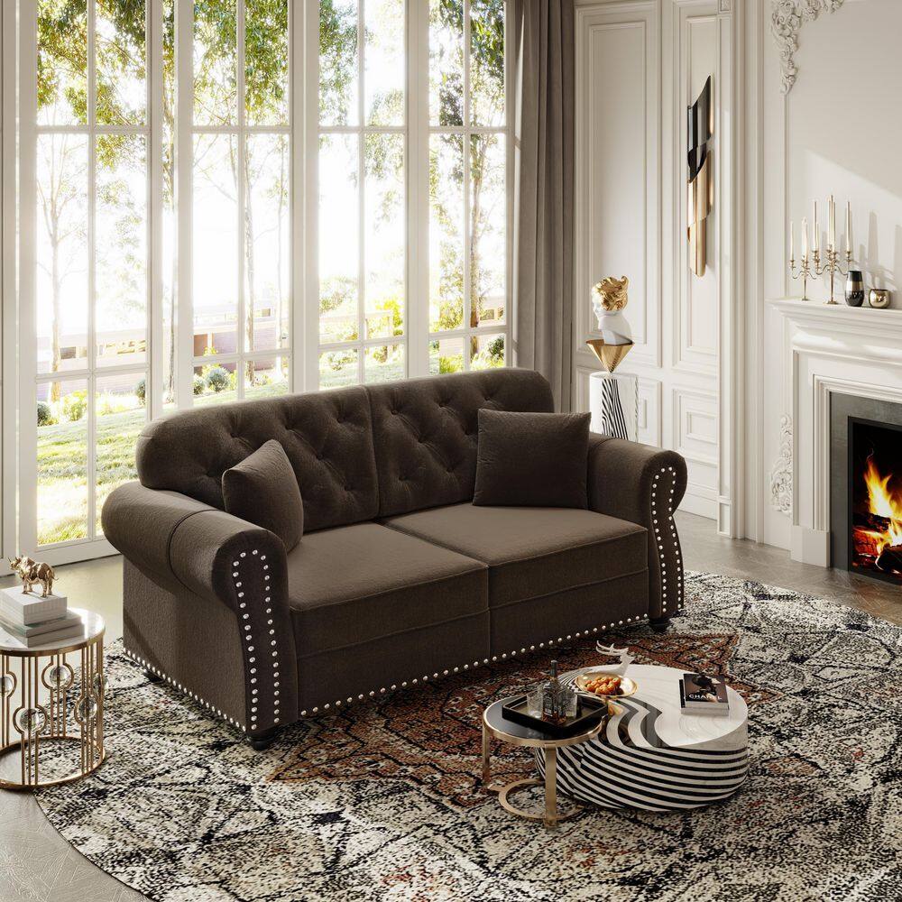 Camdany 63 in. Velvet Loveseat Sofa with Button Tufted Back,Rolled Arms and Nailhead Trim,in Brown price history on PriceWatchPro