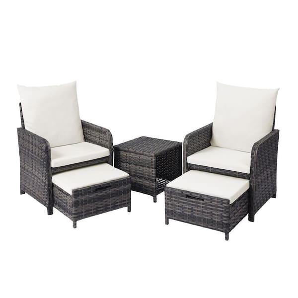 Uixe 5-Piece Outdoor Brown Rattan Wicker Patio Conversation Sofa Ottoman and Table Set with Beige Cushions