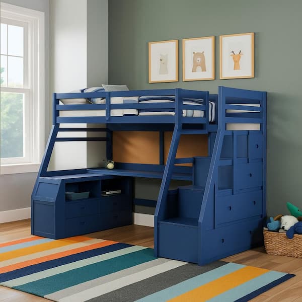 Benjara Blue Wood Frame Twin Platform Bed with 9-Drawers and Ladder