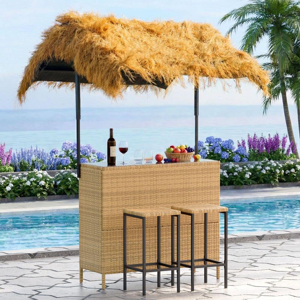 3-Piece Wicker Outdoor Tiki Bar Set, Wicker Patio Bar Stools with Storage, 2-Pack Bar Height Stools for Garden, Yellow price history on PriceWatchPro