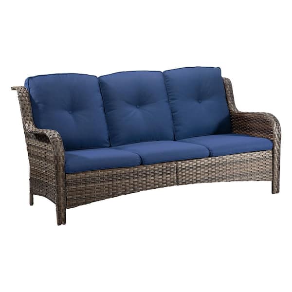 INMITOM 3-Seat Wicker Outdoor Patio Sofa Sectional Couch with Blue Cushions