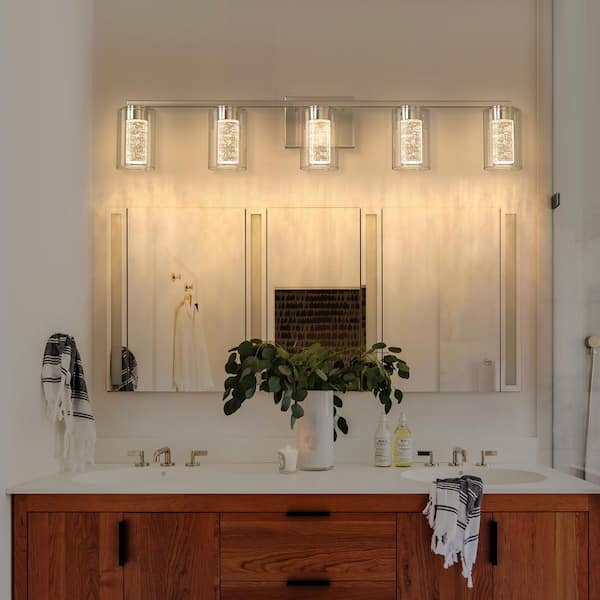 33 in. Brushed Nickel Vanity Light, 5-Light LED Integrated Crystal Bathroom Fixture with 3CCT (3000K/4000K/6000K)
