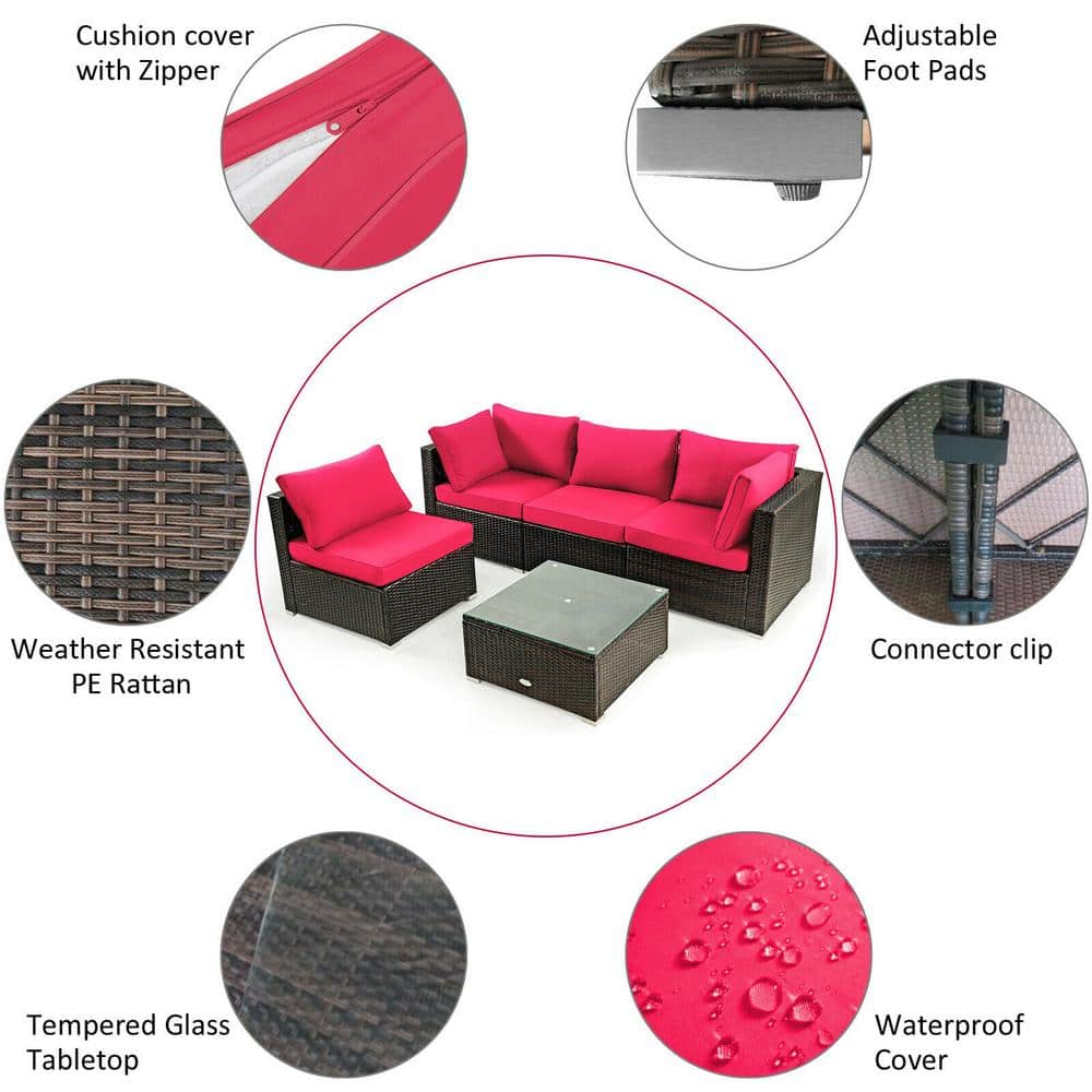 5-Piece Red Cushioned Rattan Patio Furniture Set with Ottoman