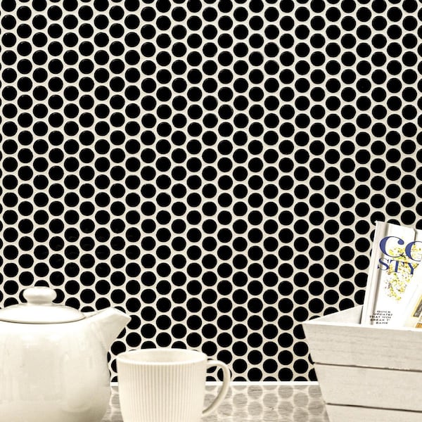 Penny Round Nero 12 in. x 13 in. Glossy Porcelain Mosaic Tile (14.4 sq. ft. / Case)