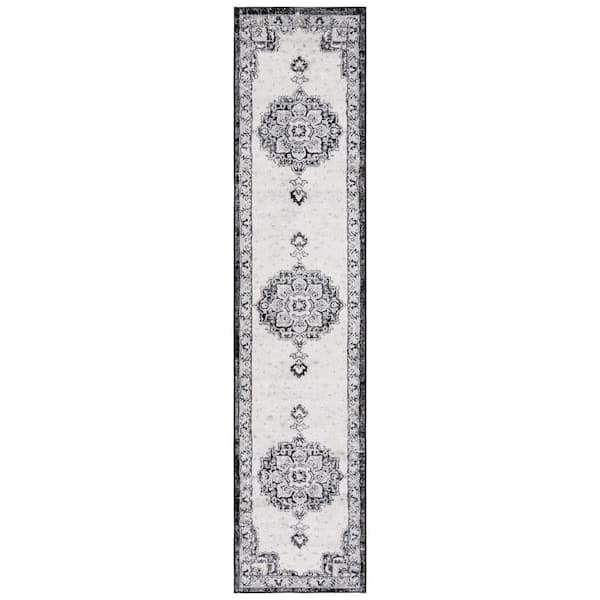 Brentwood 2 ft. x 9 ft. Black/Ivory Ornate Medallion Runner Rug