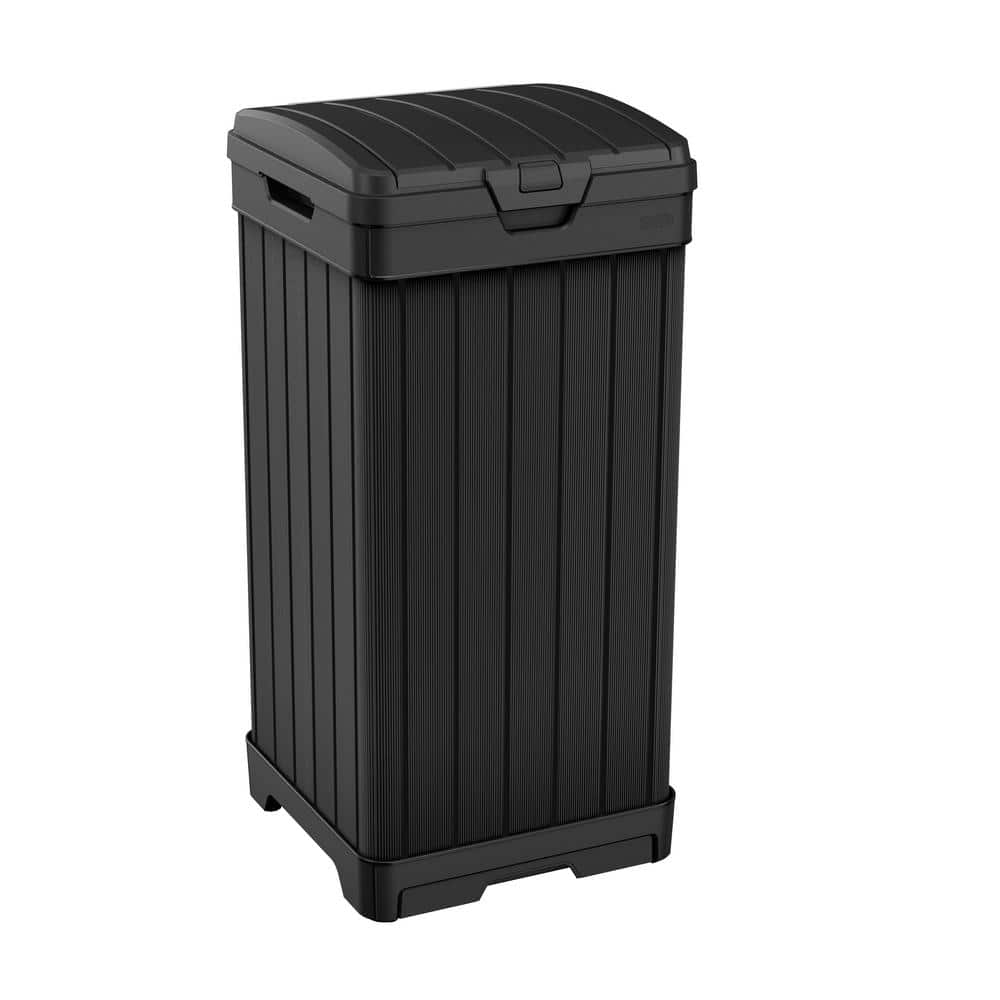 Keter Baltimore Duotech Outdoor Trash Can, Resin Wastebin, Black Woodlook 