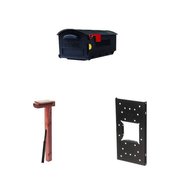 Patriot Black Large Plastic Mailbox, Cedar Drive-In Mailbox Post, and Black Steel Mounting Board Combo